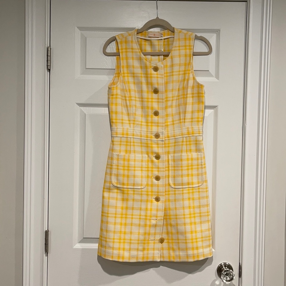 Tory Burch dress (size 4) Sleeveless Yellow and white plaid knee length dress.